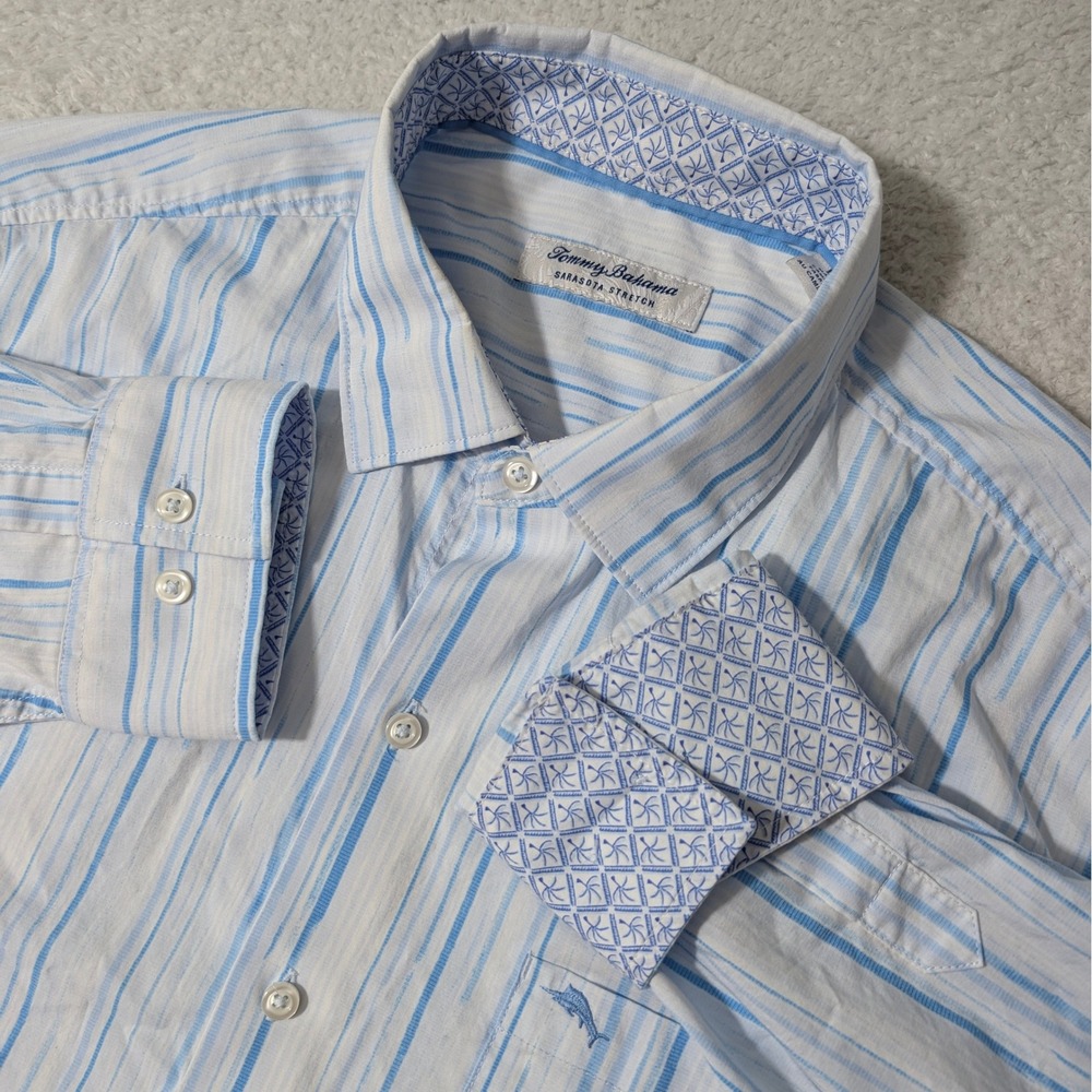 Tommy Bahama Button Up Men L Blue White Striped Sarasota Stretch L/S T321151